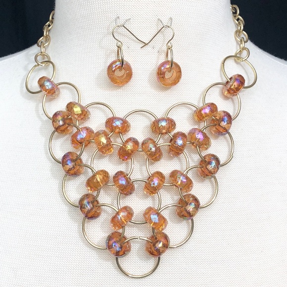 Gold Topaz Orange Bead Statement Necklace Earrings Set - Picture 1 of 4